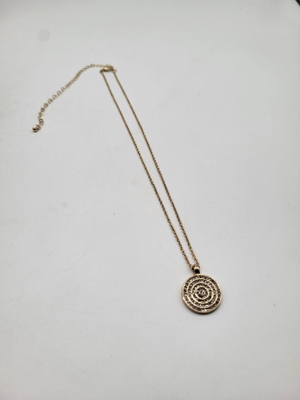 Gold Tone Medallion Pendant Necklace Spiral Circle with Rhinestones Minimalist C - Picture 4 of 10